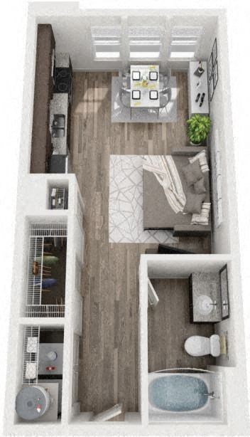 Studio 1 Bath Floor Plan with 467 Sq. Ft. at South Side Flats Apartments in Dallas, TX